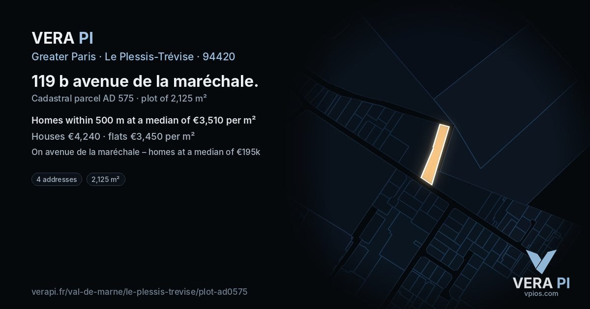 119 b avenue de la maréchale, Le Plessis-Trévise at night – the plot lit, the parcels around coloured by the prices near them