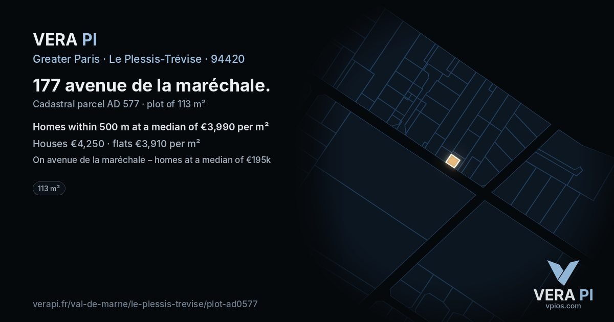 177 avenue de la maréchale, Le Plessis-Trévise at night – the plot lit, the parcels around coloured by the prices near them