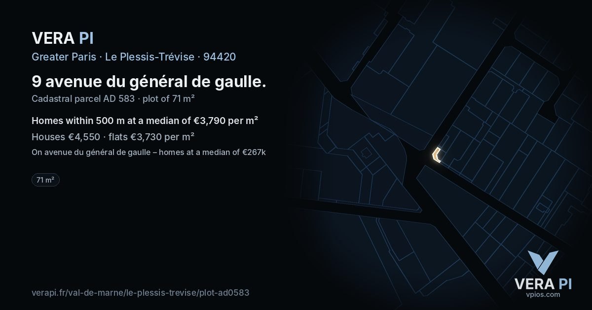 9 avenue du général de gaulle, Le Plessis-Trévise at night – the plot lit, the parcels around coloured by the prices near them