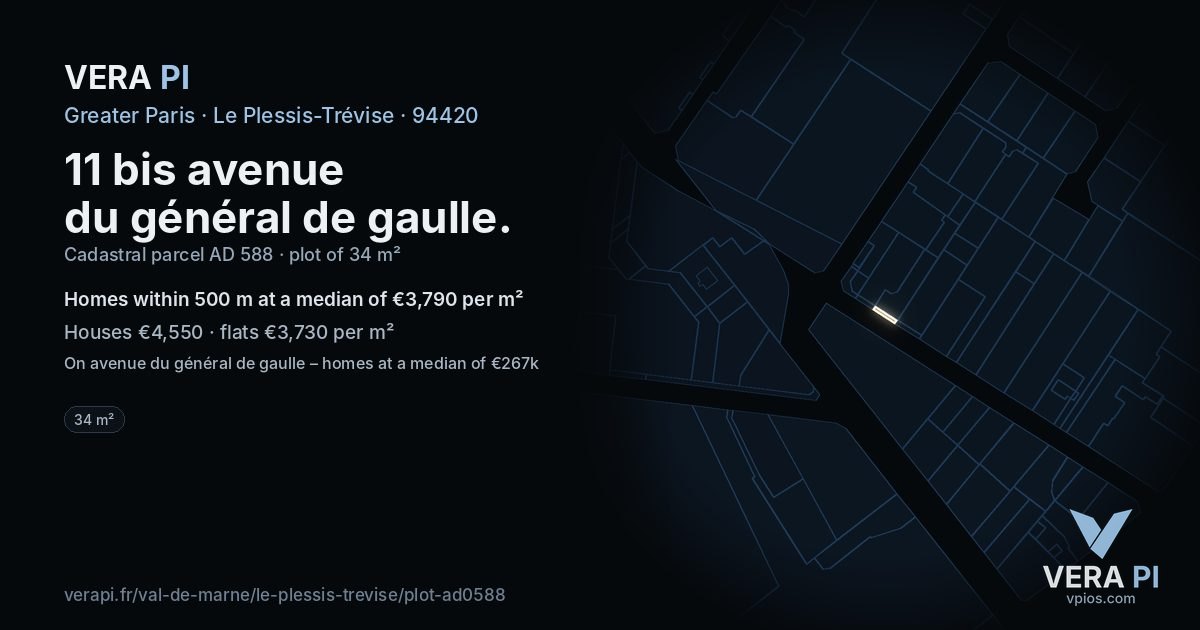 11 bis avenue du général de gaulle, Le Plessis-Trévise at night – the plot lit, the parcels around coloured by the prices near them