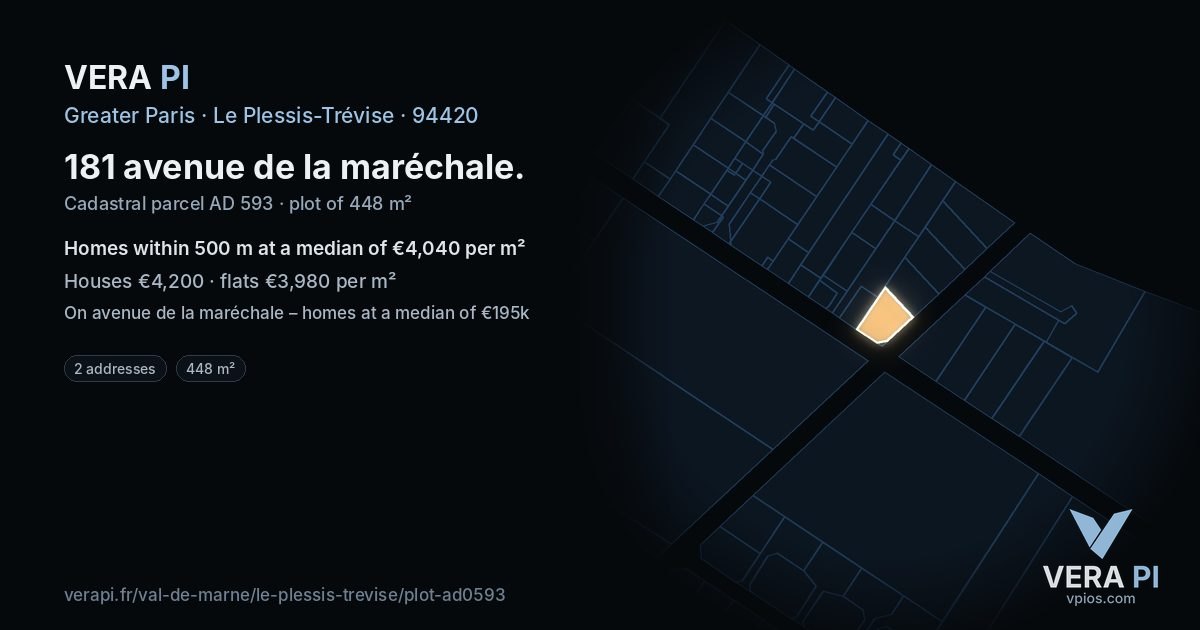 181 avenue de la maréchale, Le Plessis-Trévise at night – the plot lit, the parcels around coloured by the prices near them