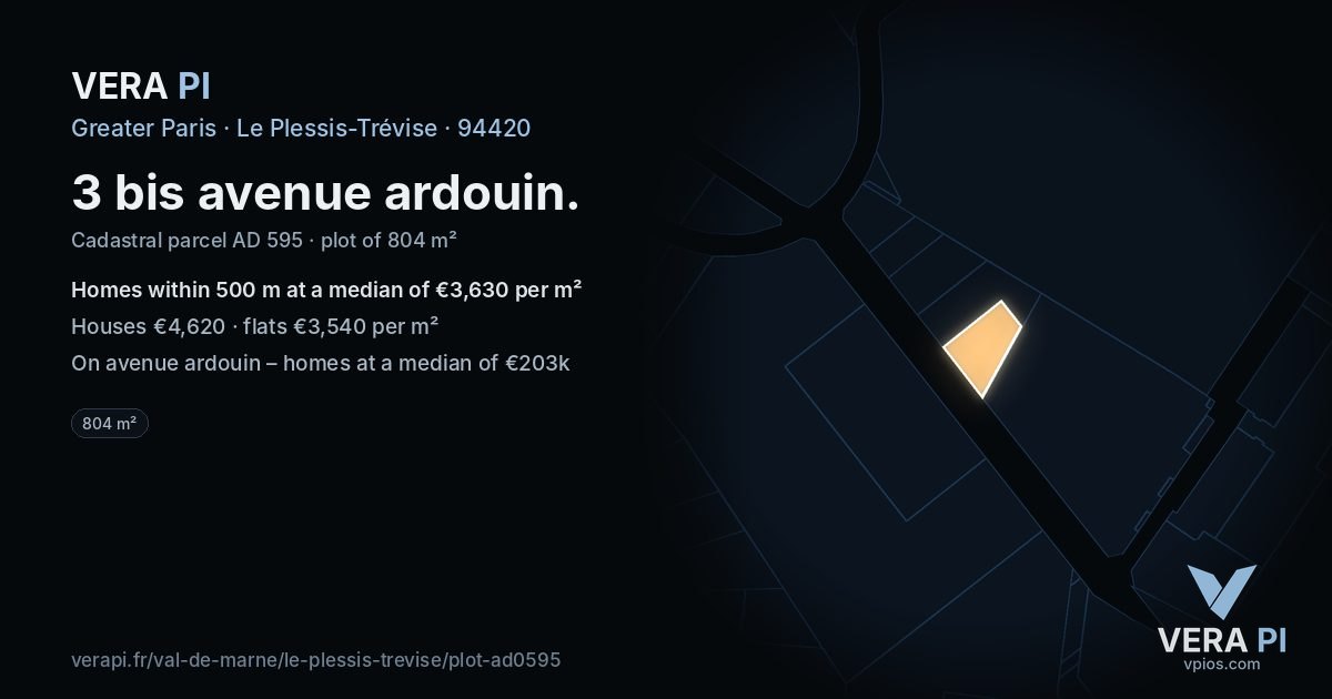 3 bis avenue ardouin, Le Plessis-Trévise at night – the plot lit, the parcels around coloured by the prices near them