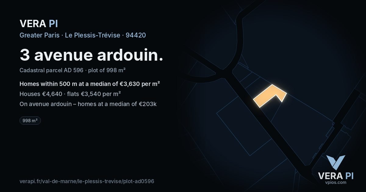 3 avenue ardouin, Le Plessis-Trévise at night – the plot lit, the parcels around coloured by the prices near them