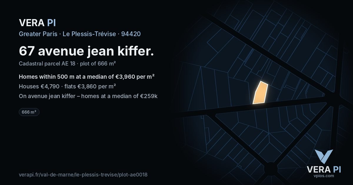 67 avenue jean kiffer, Le Plessis-Trévise at night – the plot lit, the parcels around coloured by the prices near them