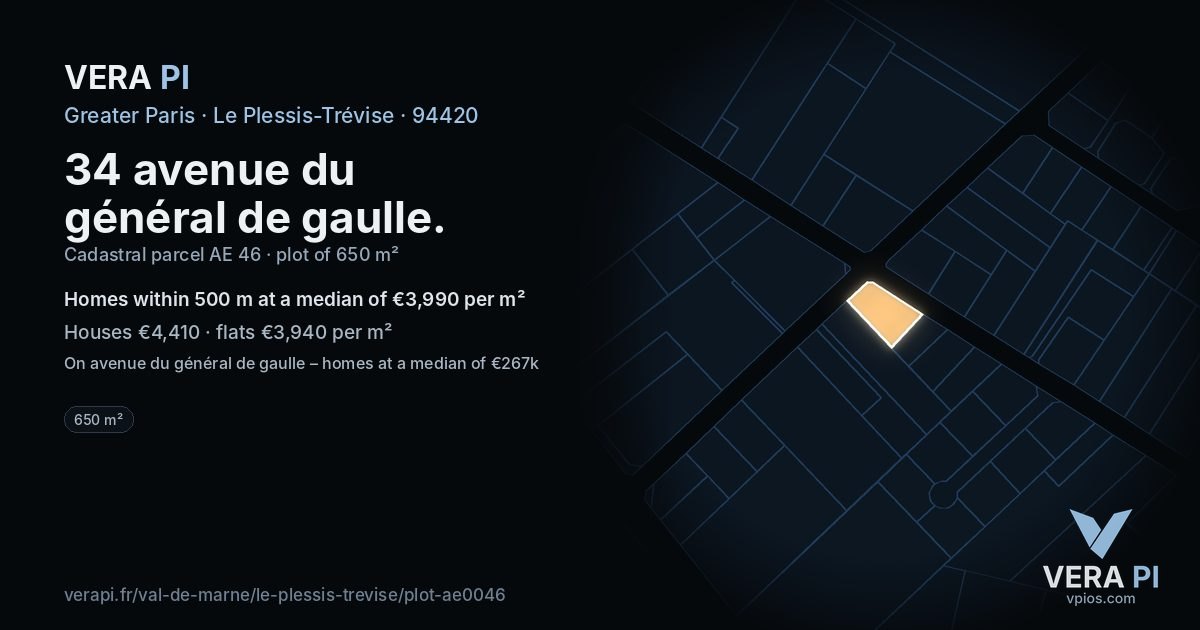 34 avenue du général de gaulle, Le Plessis-Trévise at night – the plot lit, the parcels around coloured by the prices near them
