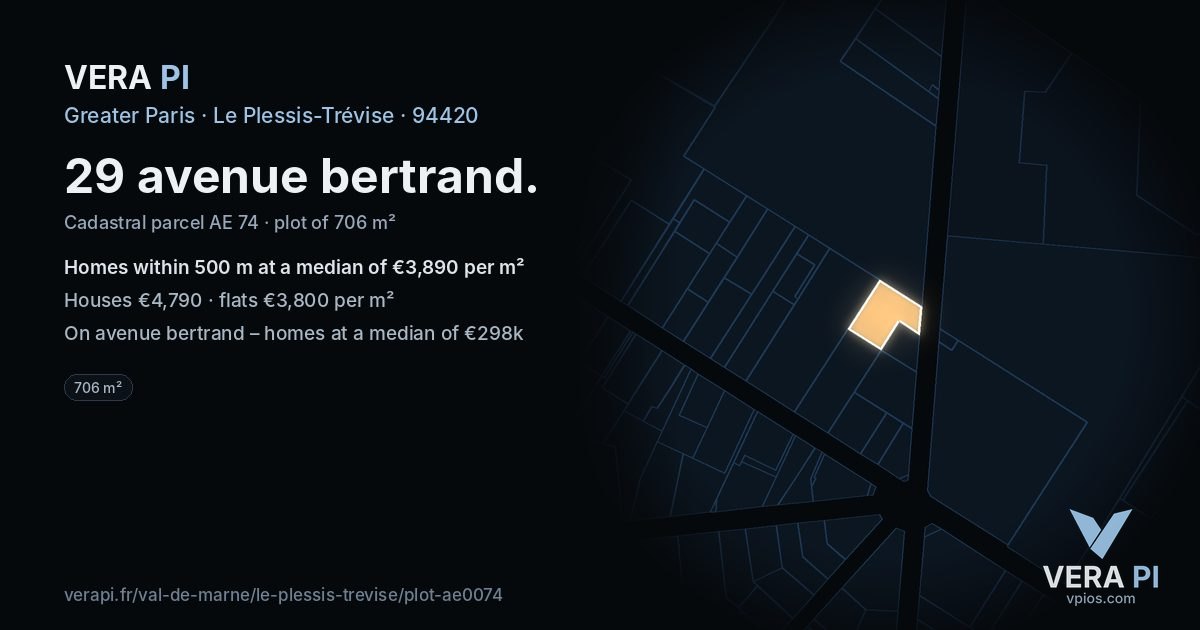 29 avenue bertrand, Le Plessis-Trévise at night – the plot lit, the parcels around coloured by the prices near them