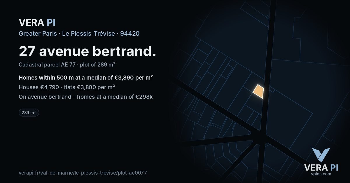 27 avenue bertrand, Le Plessis-Trévise at night – the plot lit, the parcels around coloured by the prices near them
