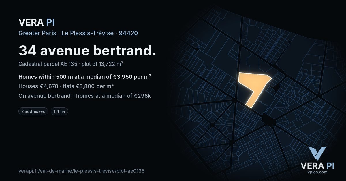 34 avenue bertrand, Le Plessis-Trévise at night – the plot lit, the parcels around coloured by the prices near them