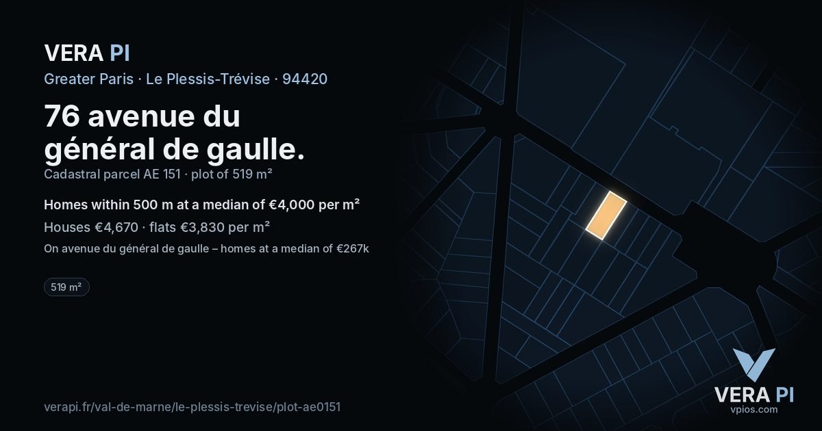 76 avenue du général de gaulle, Le Plessis-Trévise at night – the plot lit, the parcels around coloured by the prices near them