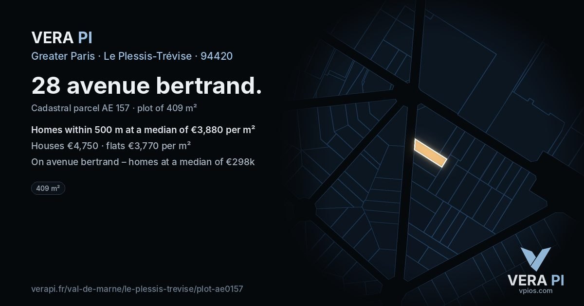 28 avenue bertrand, Le Plessis-Trévise at night – the plot lit, the parcels around coloured by the prices near them