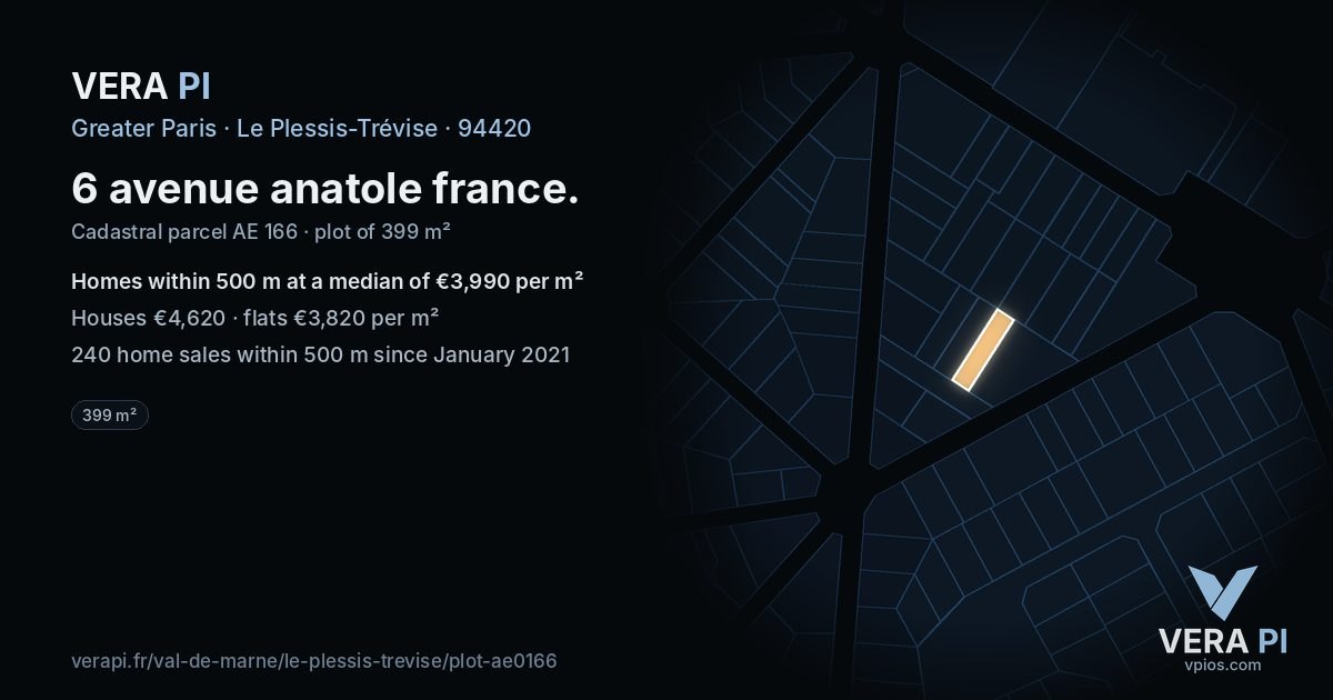 6 avenue anatole france, Le Plessis-Trévise at night – the plot lit, the parcels around coloured by the prices near them