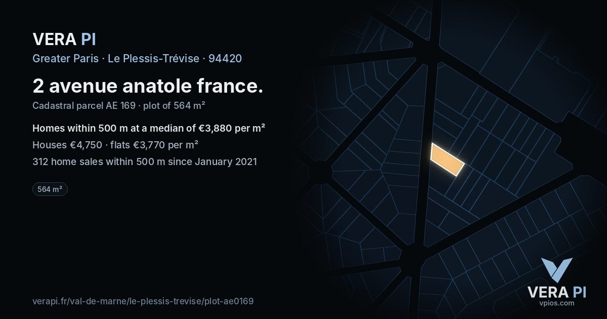 2 avenue anatole france, Le Plessis-Trévise at night – the plot lit, the parcels around coloured by the prices near them