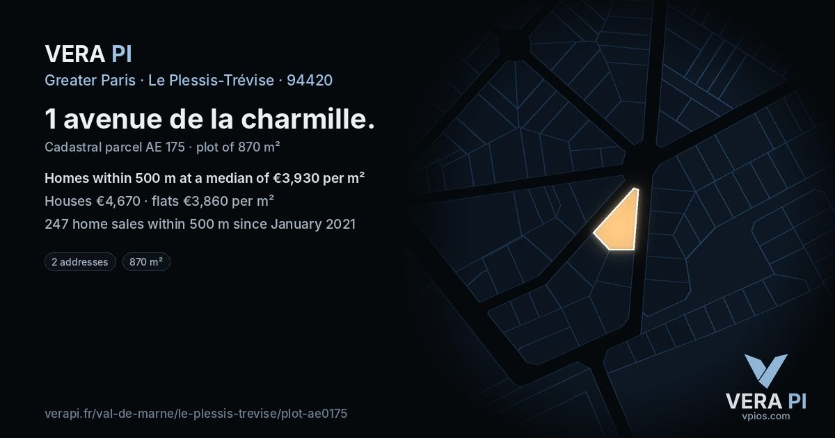 1 avenue de la charmille, Le Plessis-Trévise at night – the plot lit, the parcels around coloured by the prices near them