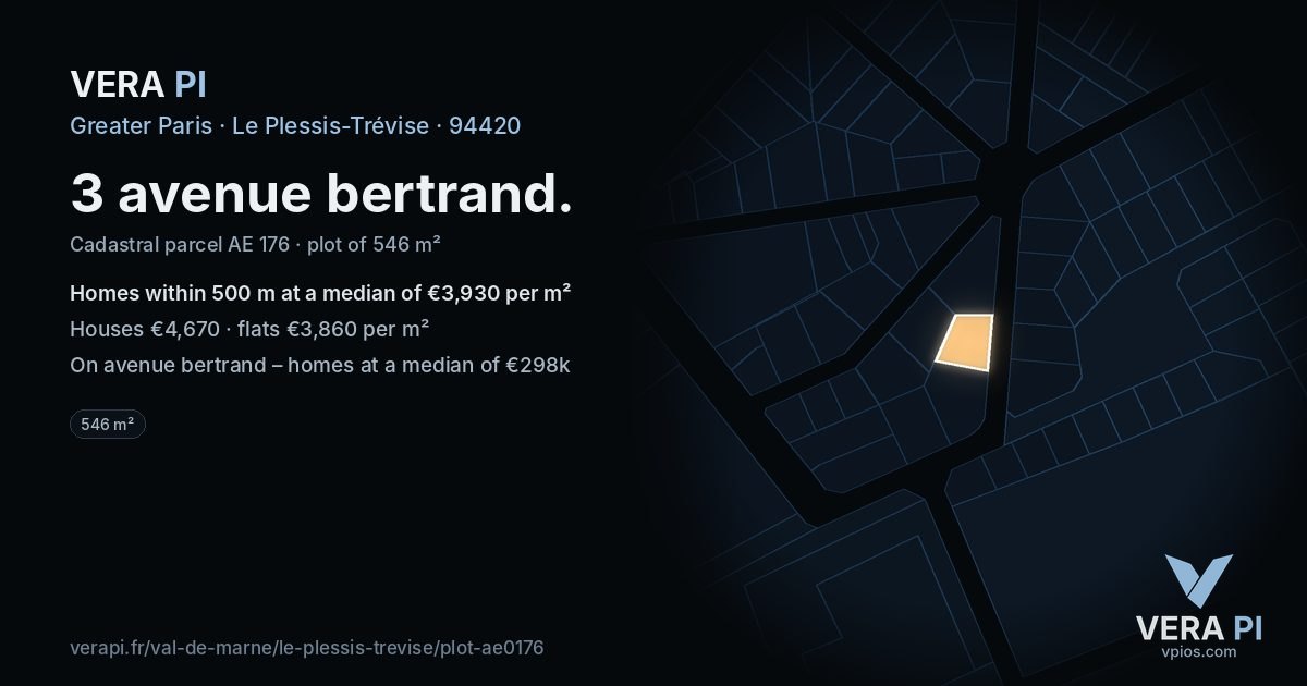 3 avenue bertrand, Le Plessis-Trévise at night – the plot lit, the parcels around coloured by the prices near them