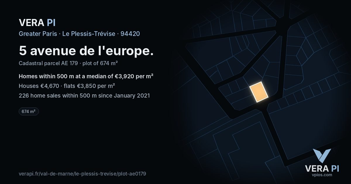 5 avenue de l'europe, Le Plessis-Trévise at night – the plot lit, the parcels around coloured by the prices near them
