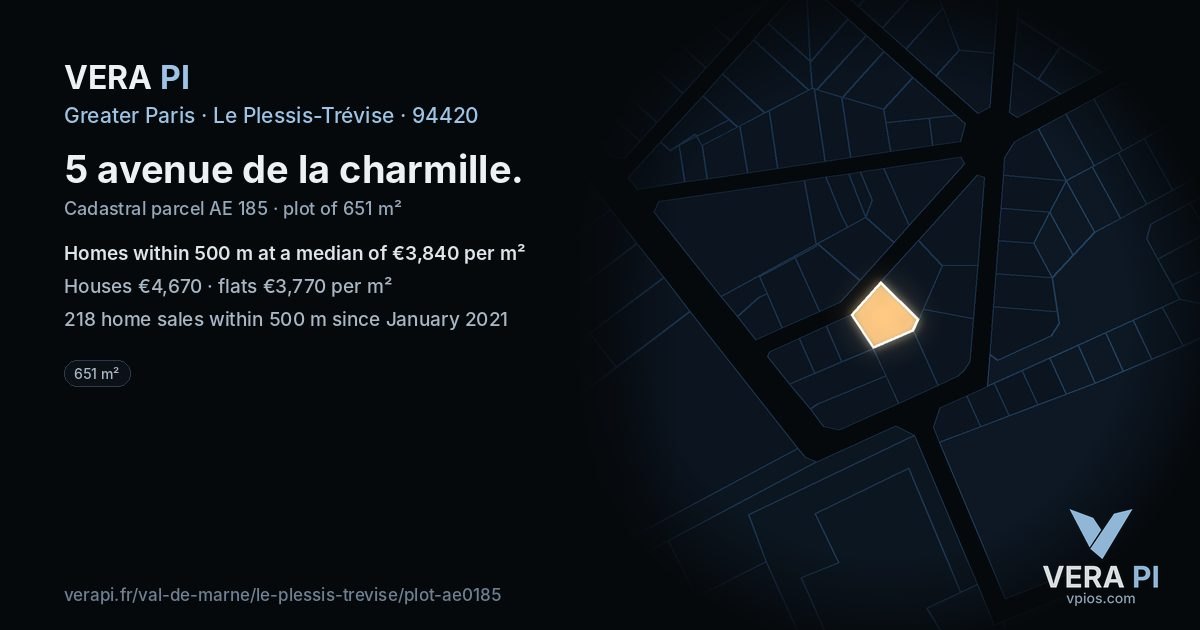 5 avenue de la charmille, Le Plessis-Trévise at night – the plot lit, the parcels around coloured by the prices near them