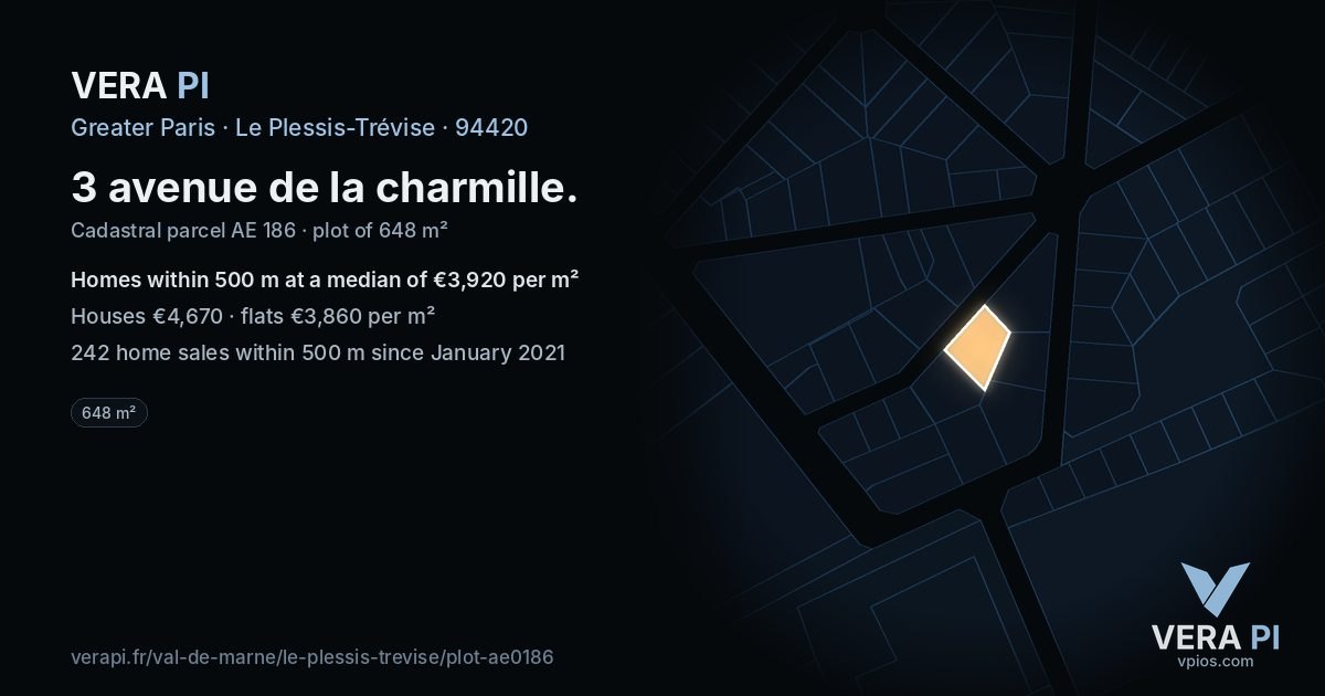 3 avenue de la charmille, Le Plessis-Trévise at night – the plot lit, the parcels around coloured by the prices near them