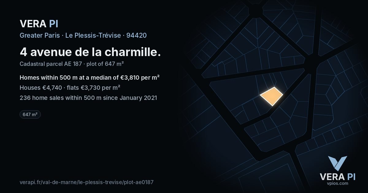 4 avenue de la charmille, Le Plessis-Trévise at night – the plot lit, the parcels around coloured by the prices near them