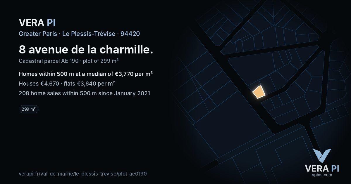 8 avenue de la charmille, Le Plessis-Trévise at night – the plot lit, the parcels around coloured by the prices near them