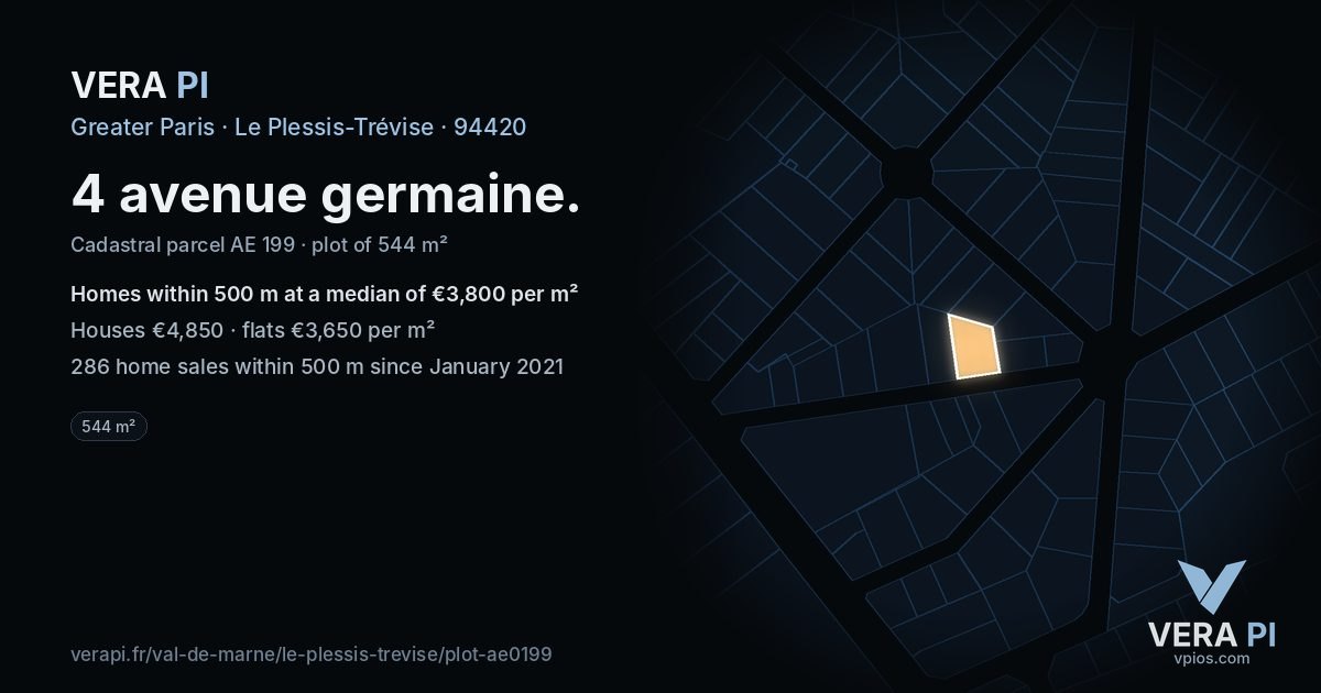 4 avenue germaine, Le Plessis-Trévise at night – the plot lit, the parcels around coloured by the prices near them