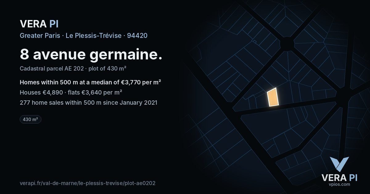 8 avenue germaine, Le Plessis-Trévise at night – the plot lit, the parcels around coloured by the prices near them