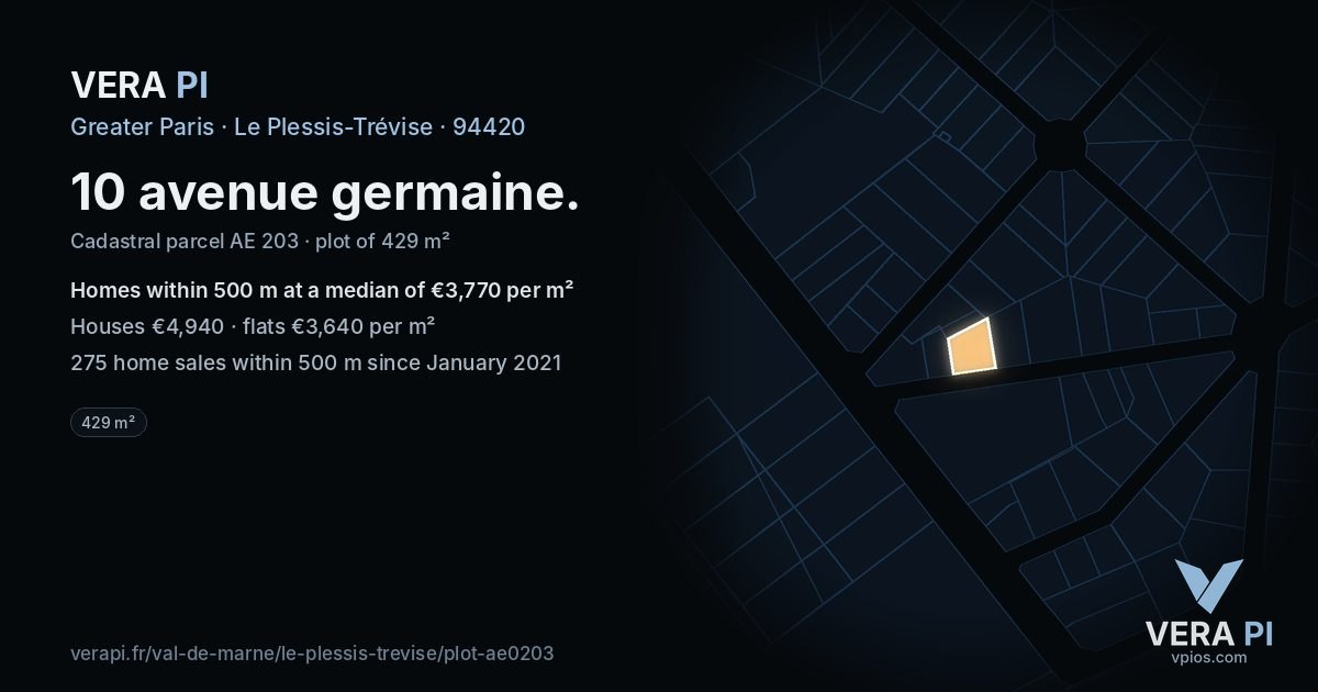 10 avenue germaine, Le Plessis-Trévise at night – the plot lit, the parcels around coloured by the prices near them