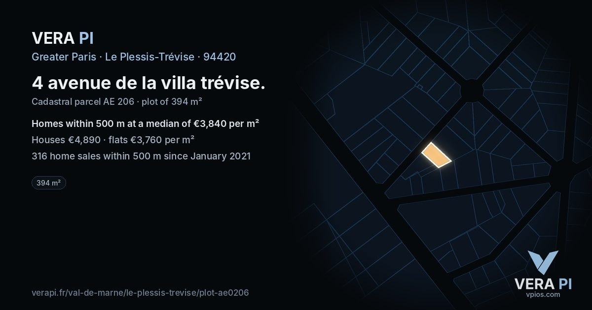 4 avenue de la villa trévise, Le Plessis-Trévise at night – the plot lit, the parcels around coloured by the prices near them