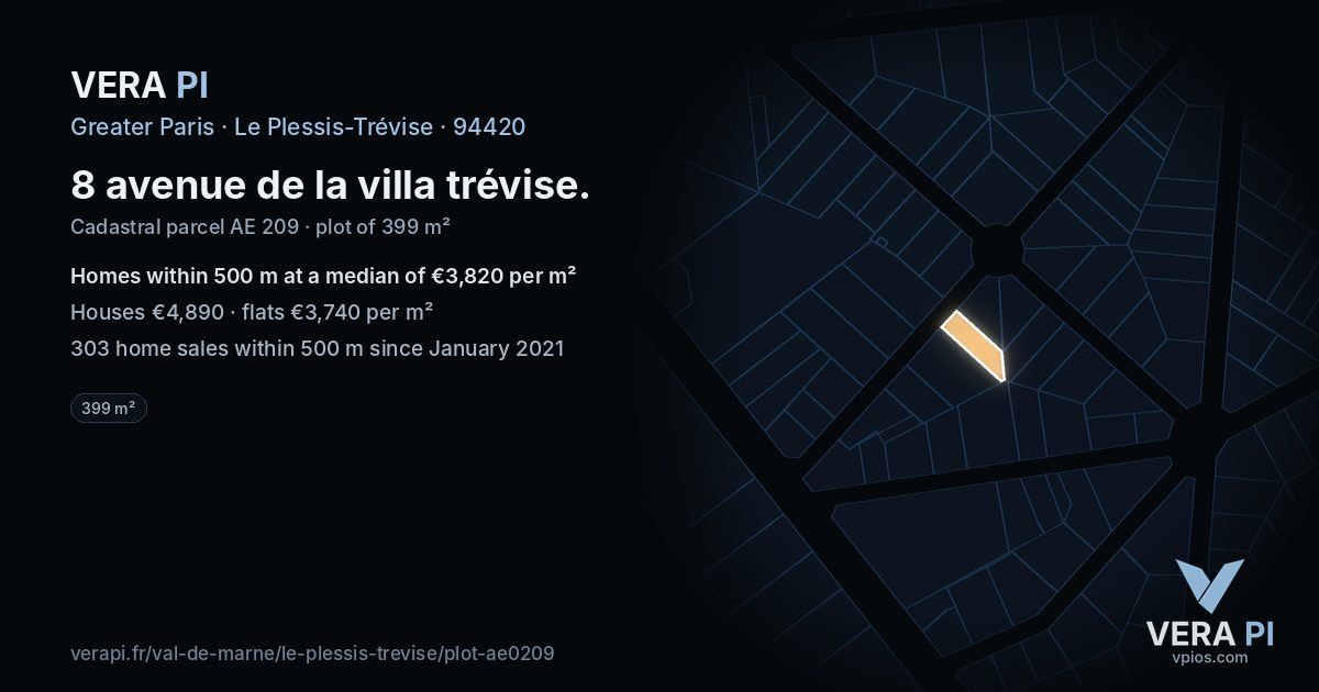 8 avenue de la villa trévise, Le Plessis-Trévise at night – the plot lit, the parcels around coloured by the prices near them