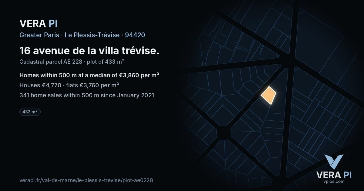 16 avenue de la villa trévise, Le Plessis-Trévise at night – the plot lit, the parcels around coloured by the prices near them