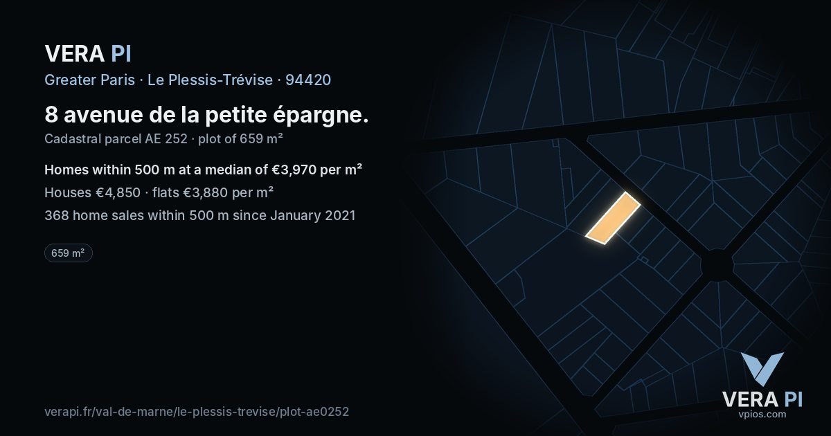 8 avenue de la petite épargne, Le Plessis-Trévise at night – the plot lit, the parcels around coloured by the prices near them