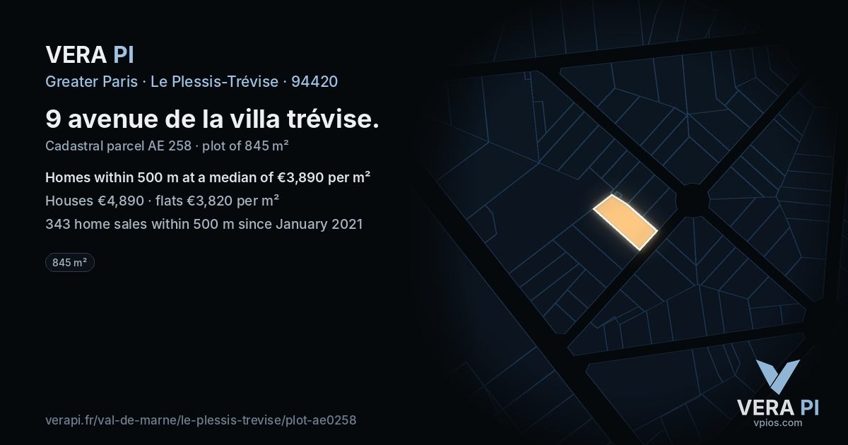 9 avenue de la villa trévise, Le Plessis-Trévise at night – the plot lit, the parcels around coloured by the prices near them