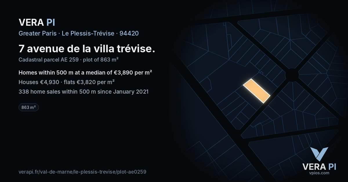 7 avenue de la villa trévise, Le Plessis-Trévise at night – the plot lit, the parcels around coloured by the prices near them