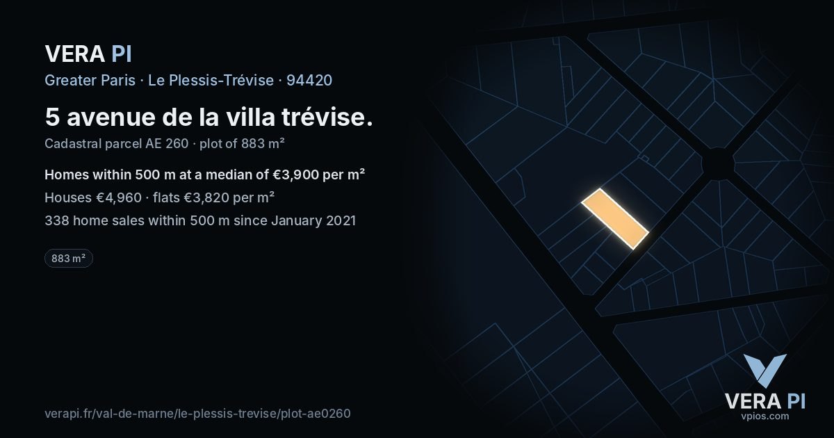 5 avenue de la villa trévise, Le Plessis-Trévise at night – the plot lit, the parcels around coloured by the prices near them