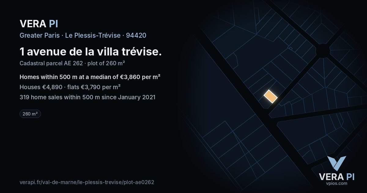 1 avenue de la villa trévise, Le Plessis-Trévise at night – the plot lit, the parcels around coloured by the prices near them