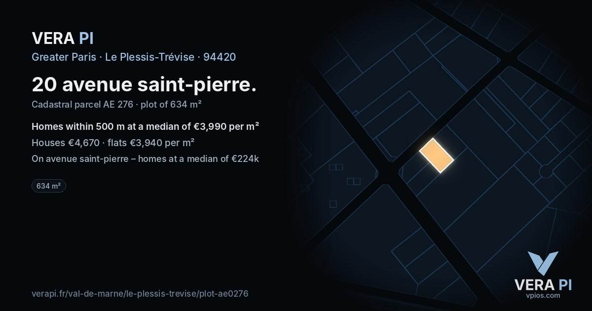 20 avenue saint-pierre, Le Plessis-Trévise at night – the plot lit, the parcels around coloured by the prices near them