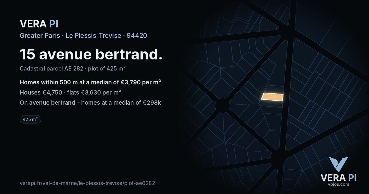 15 avenue bertrand, Le Plessis-Trévise at night – the plot lit, the parcels around coloured by the prices near them