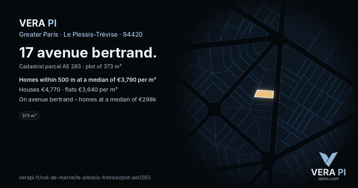 17 avenue bertrand, Le Plessis-Trévise at night – the plot lit, the parcels around coloured by the prices near them