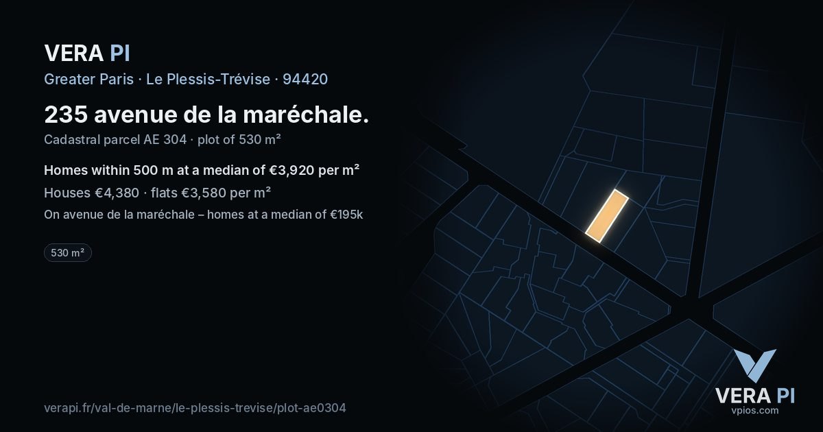 235 avenue de la maréchale, Le Plessis-Trévise at night – the plot lit, the parcels around coloured by the prices near them
