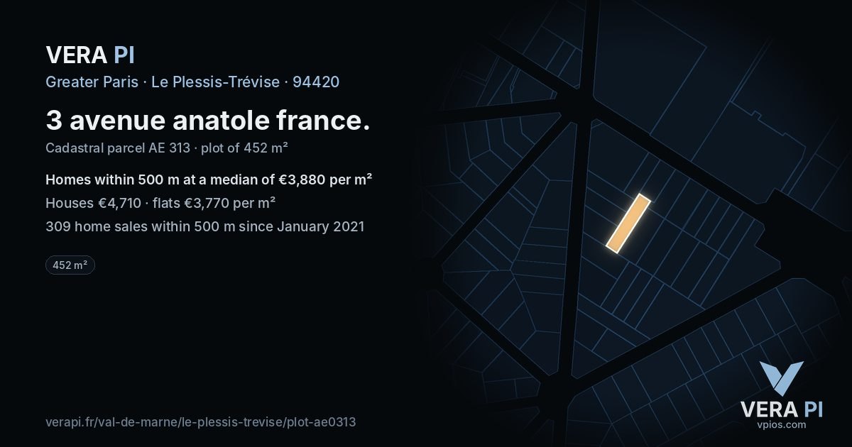 3 avenue anatole france, Le Plessis-Trévise at night – the plot lit, the parcels around coloured by the prices near them