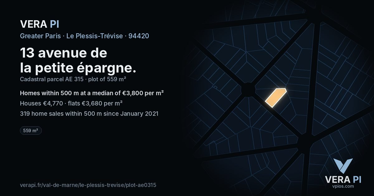 13 avenue de la petite épargne, Le Plessis-Trévise at night – the plot lit, the parcels around coloured by the prices near them