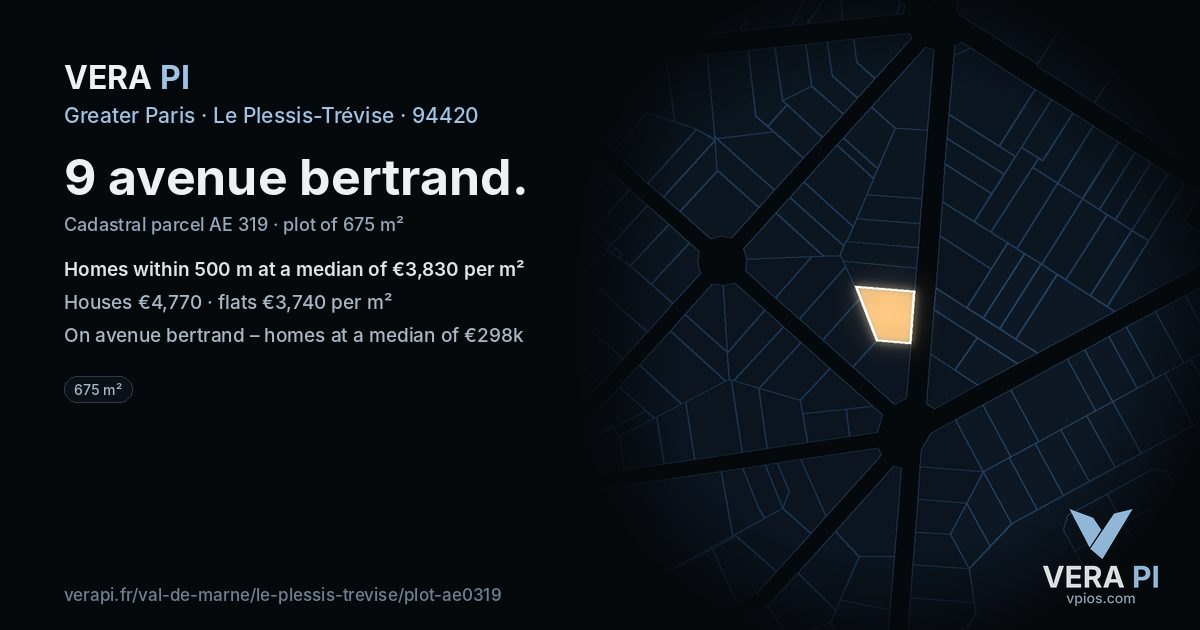 9 avenue bertrand, Le Plessis-Trévise at night – the plot lit, the parcels around coloured by the prices near them