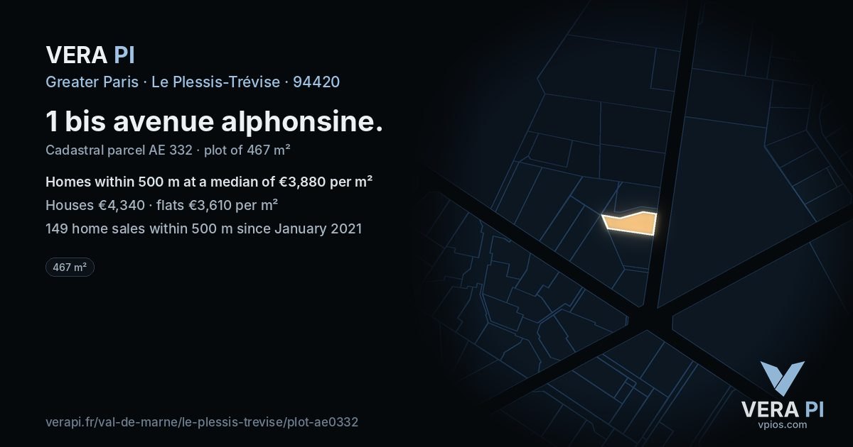1 bis avenue alphonsine, Le Plessis-Trévise at night – the plot lit, the parcels around coloured by the prices near them