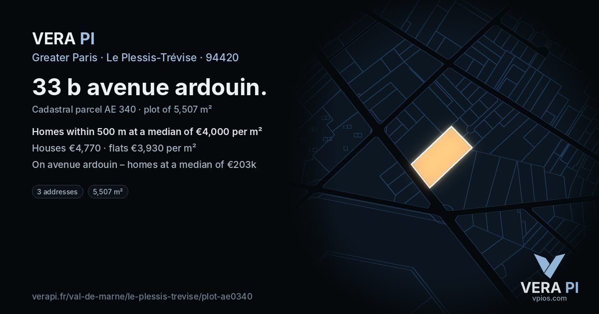 33 b avenue ardouin, Le Plessis-Trévise at night – the plot lit, the parcels around coloured by the prices near them