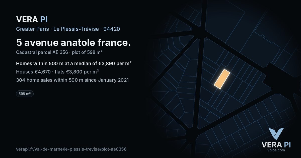 5 avenue anatole france, Le Plessis-Trévise at night – the plot lit, the parcels around coloured by the prices near them