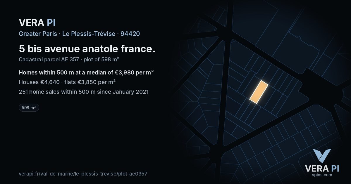 5 bis avenue anatole france, Le Plessis-Trévise at night – the plot lit, the parcels around coloured by the prices near them
