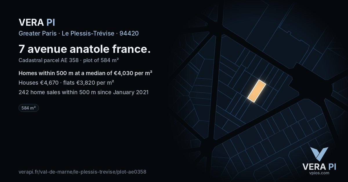 7 avenue anatole france, Le Plessis-Trévise at night – the plot lit, the parcels around coloured by the prices near them