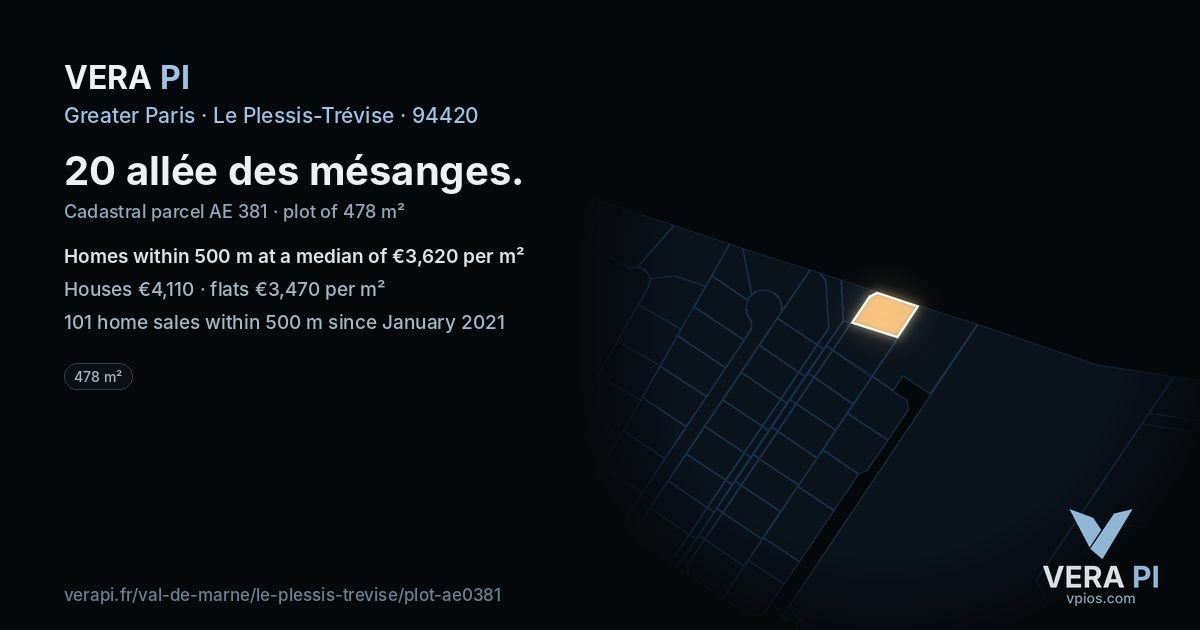 20 allée des mésanges, Le Plessis-Trévise at night – the plot lit, the parcels around coloured by the prices near them