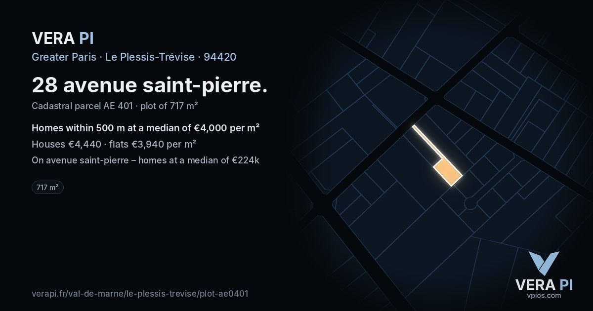 28 avenue saint-pierre, Le Plessis-Trévise at night – the plot lit, the parcels around coloured by the prices near them