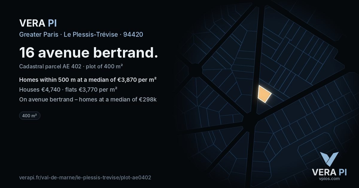 16 avenue bertrand, Le Plessis-Trévise at night – the plot lit, the parcels around coloured by the prices near them