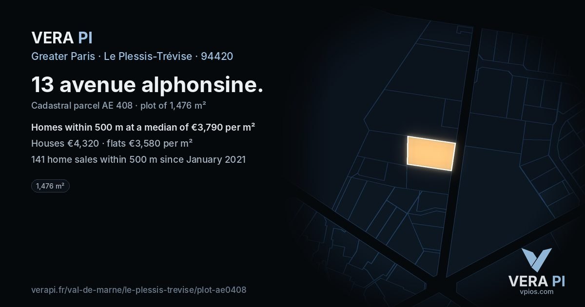 13 avenue alphonsine, Le Plessis-Trévise at night – the plot lit, the parcels around coloured by the prices near them